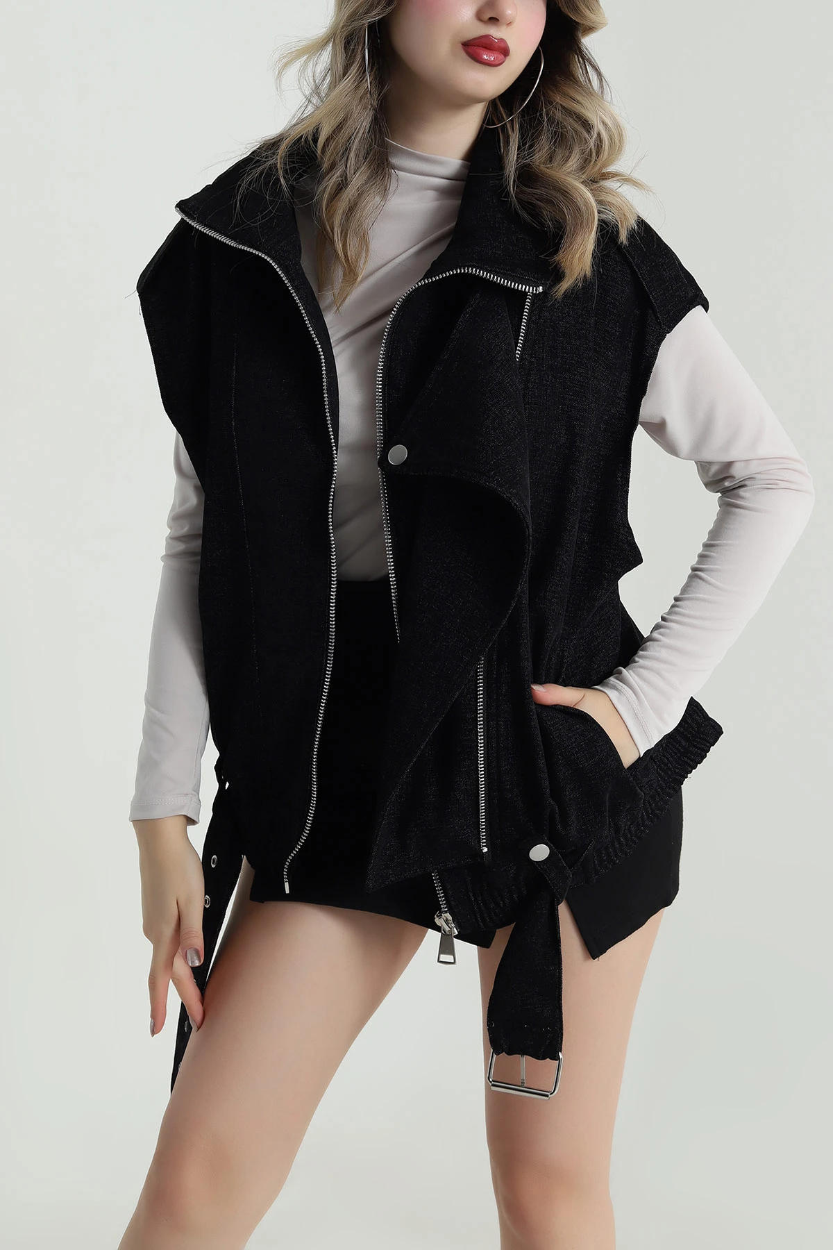 Siyah Kuş Gözü Bağcıklı Denim Modal Kadın Tasarım Yelek 489208