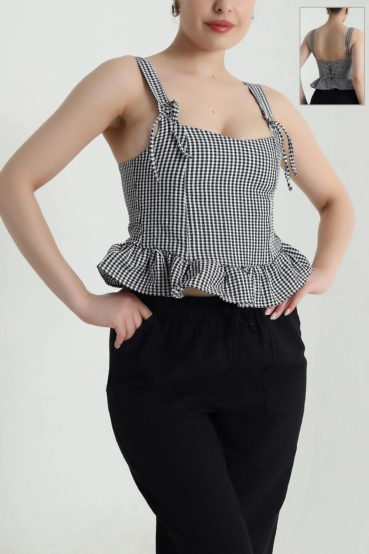 Siyah Kuş Gözü Detay Gofre Kadın Bluz 471241