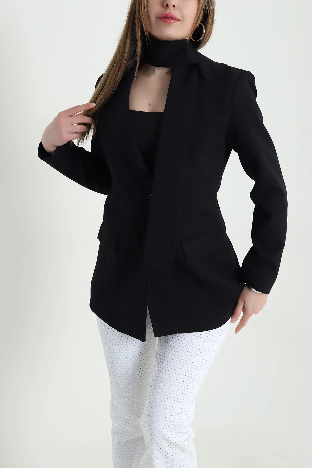 Siyah Kuşaklı Dabıl Blazer Kadın Ceket 443904