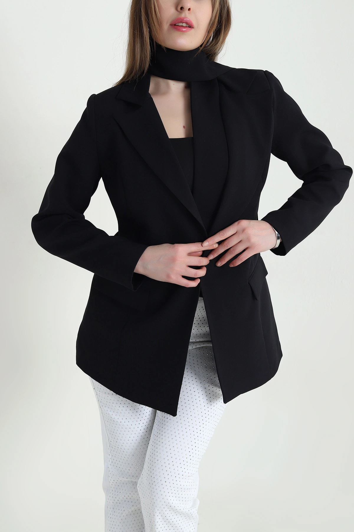 Siyah Kuşaklı Dabıl Blazer Kadın Ceket 443904