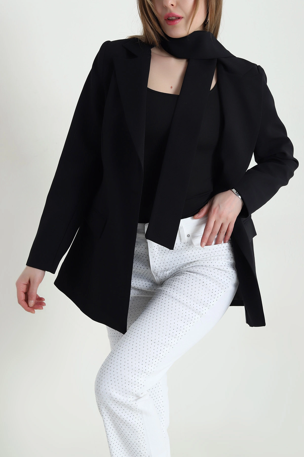 Siyah Kuşaklı Dabıl Blazer Kadın Ceket 443904