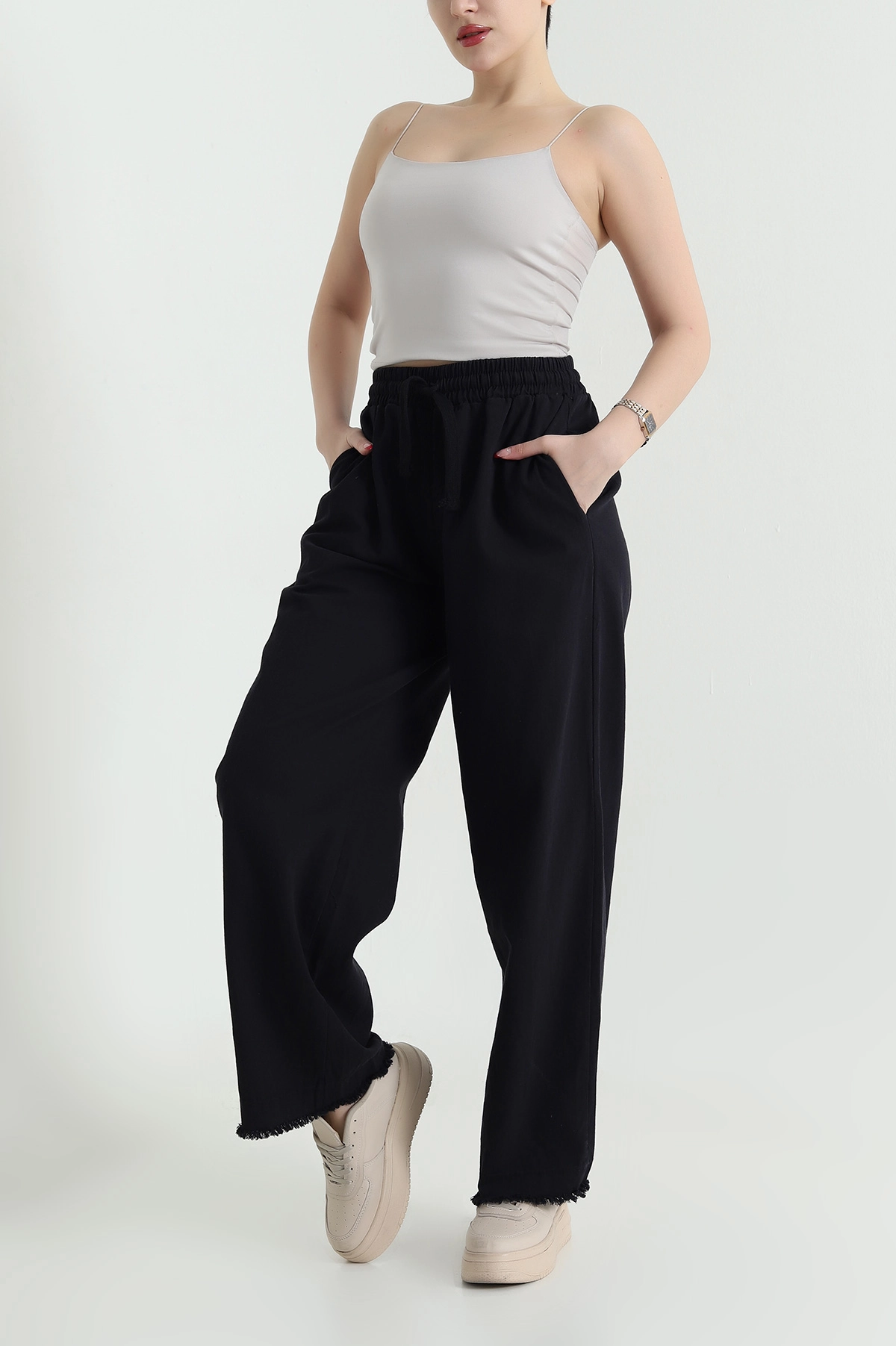 Siyah Lazer Bol Paça Gabardin Kadın Pantolon 439162