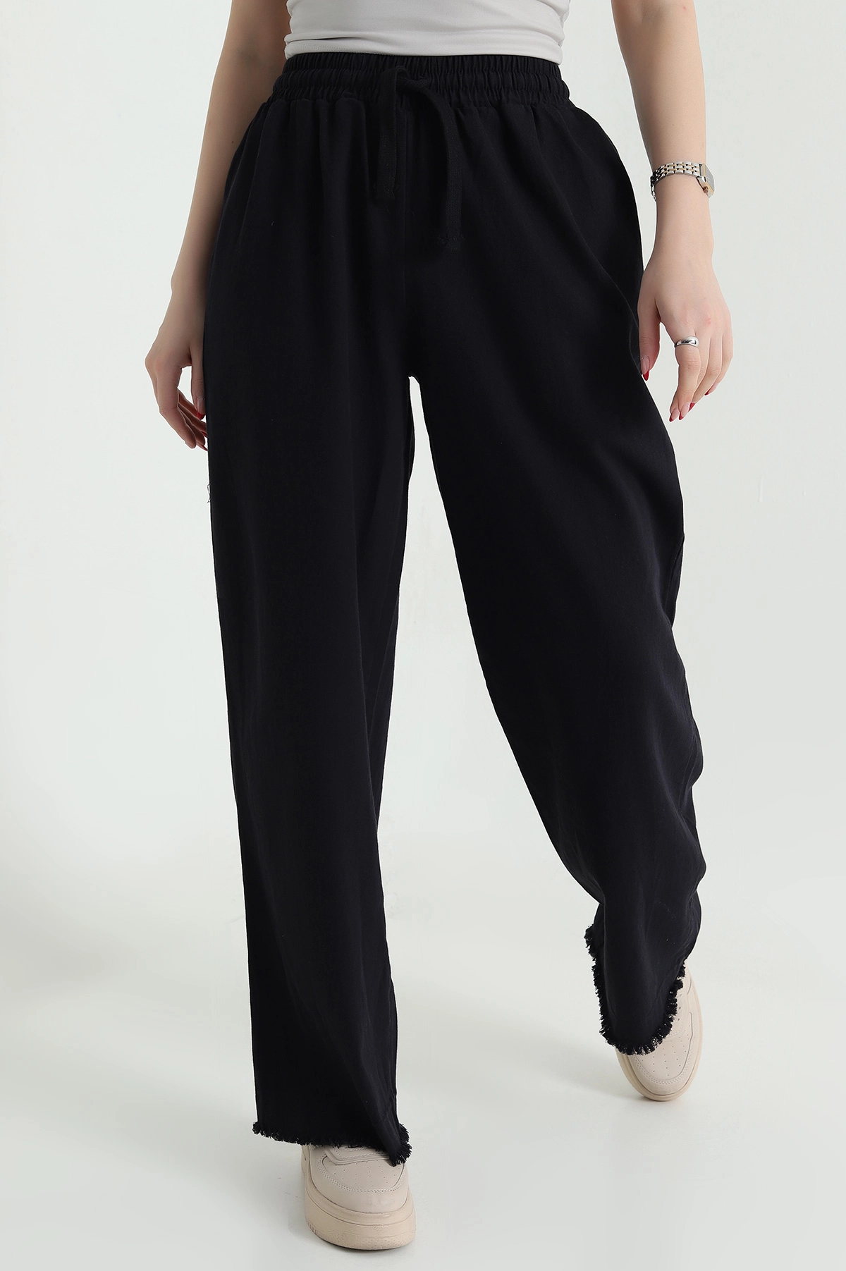 Siyah Lazer Bol Paça Gabardin Kadın Pantolon 439162