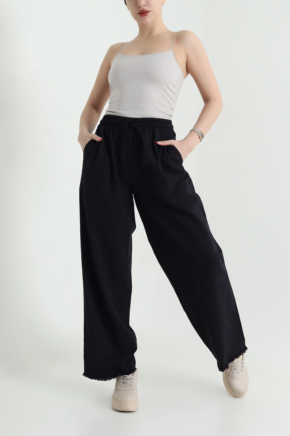 Siyah Lazer Bol Paça Gabardin Kadın Pantolon 439162