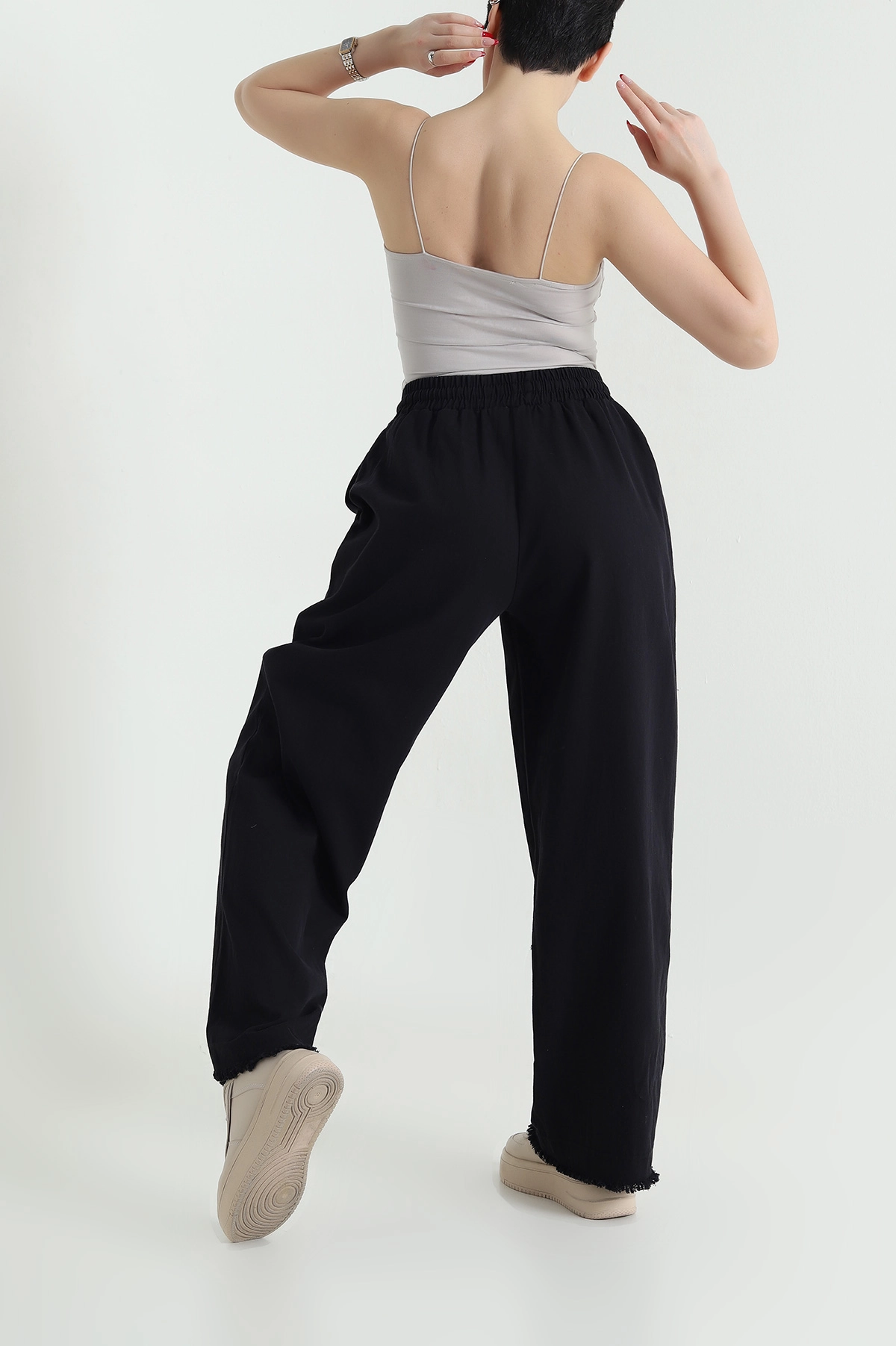 Siyah Lazer Bol Paça Gabardin Kadın Pantolon 439162