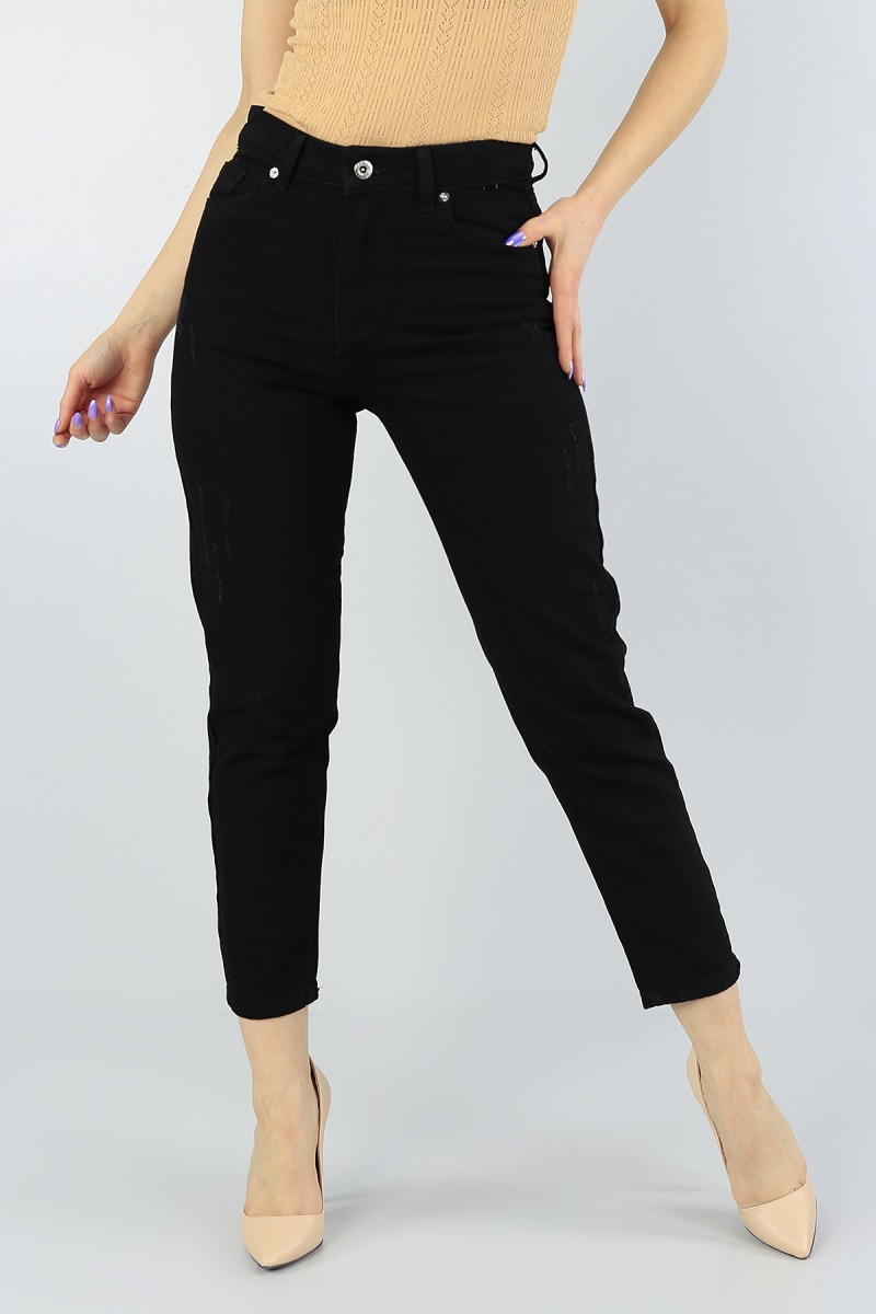 Siyah Lazer Kesim Bayan Mom Kot Pantolon 56490