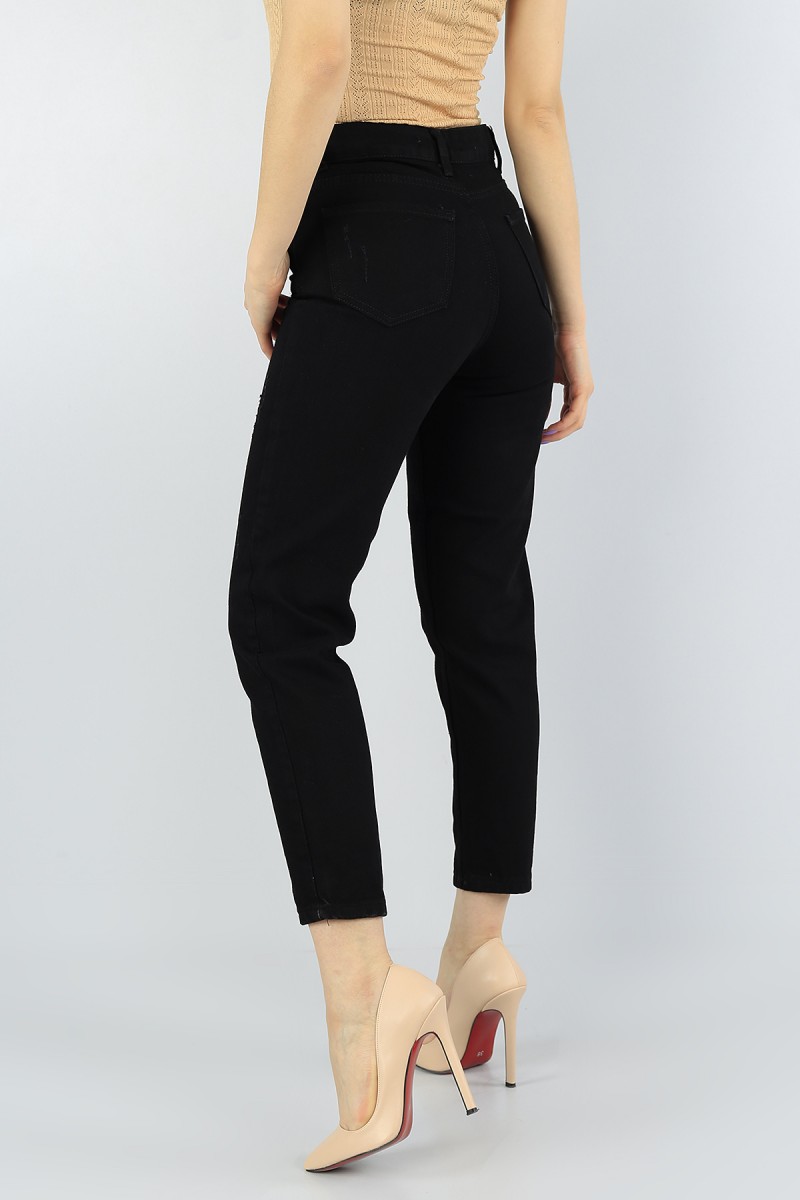 Siyah Lazer Kesim Bayan Mom Kot Pantolon 56490