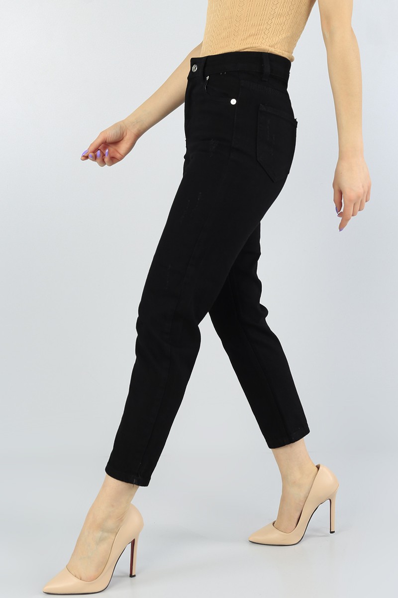 Siyah Lazer Kesim Bayan Mom Kot Pantolon 56490