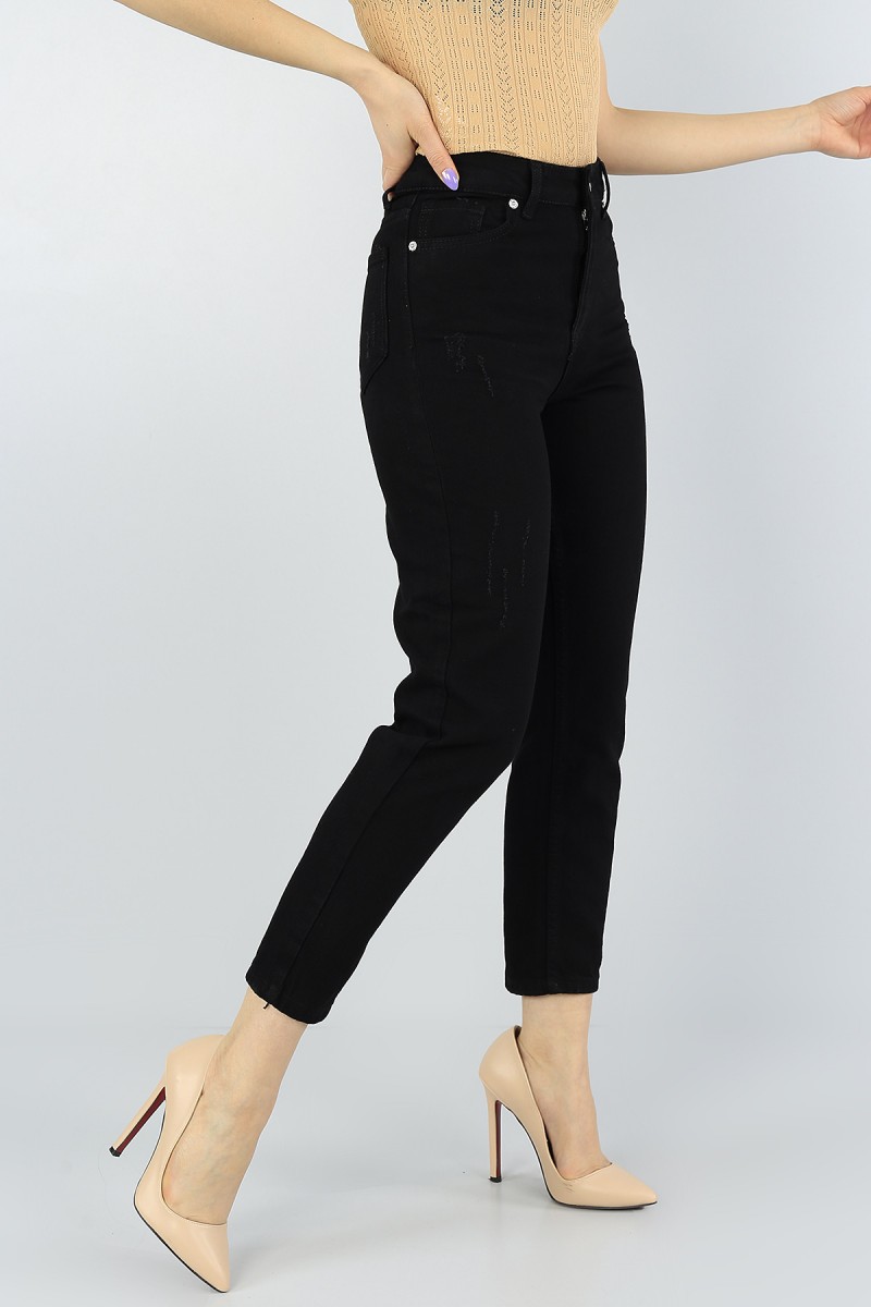Siyah Lazer Kesim Bayan Mom Kot Pantolon 56490