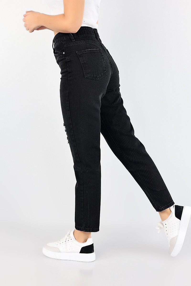 Siyah Lazer Kesim Bayan Mom Kot Pantolon 86958