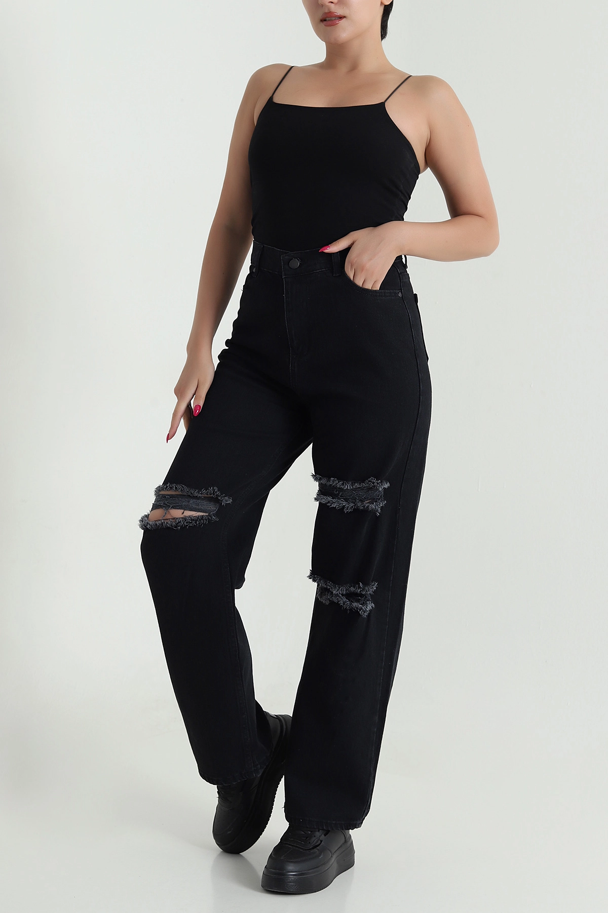 Siyah Lazer Kesim Comfort Likralı Kadın Palazzo Kot Pantolon 476099