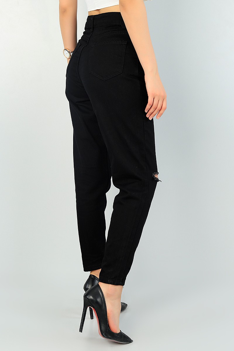 Siyah Lazer Kesim Pensli Bayan Mom Kot Pantolon 66599