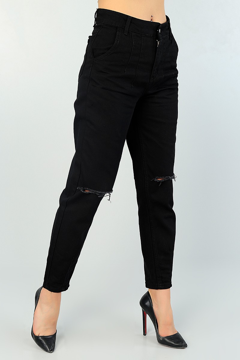Siyah Lazer Kesim Pensli Bayan Mom Kot Pantolon 66599