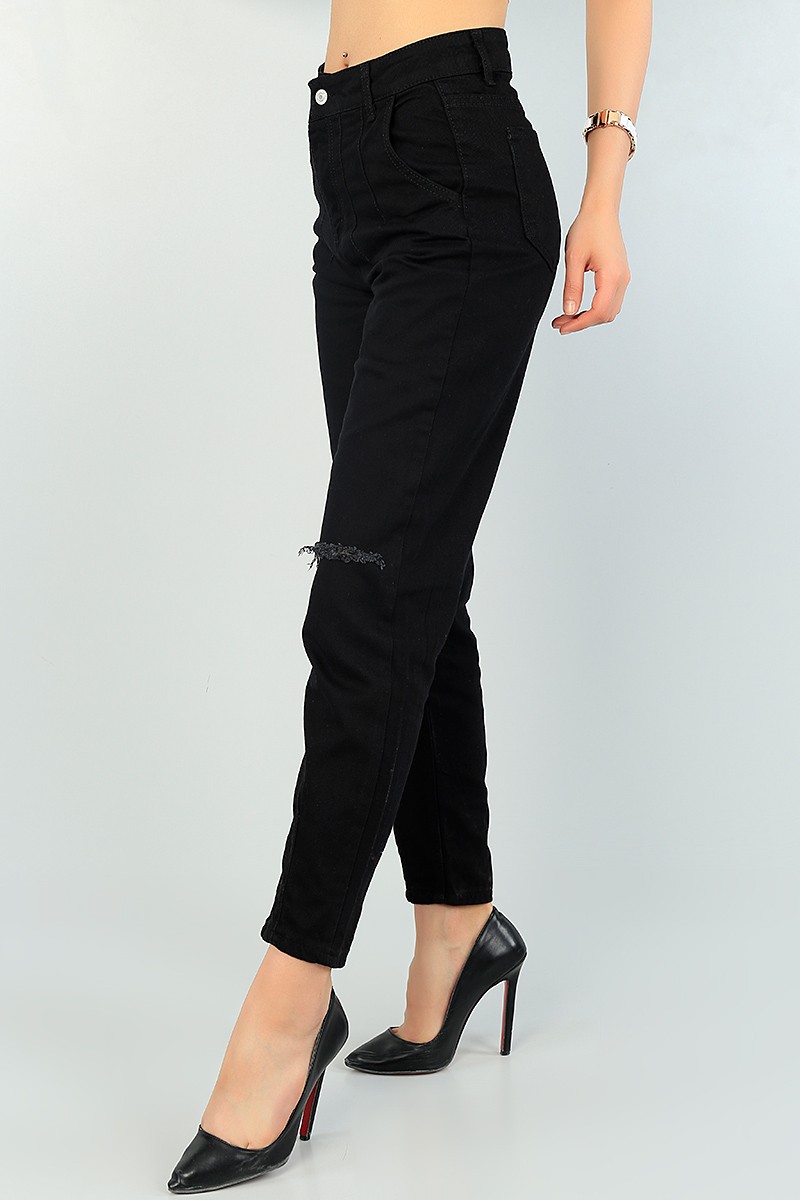 Siyah Lazer Kesim Pensli Bayan Mom Kot Pantolon 66599