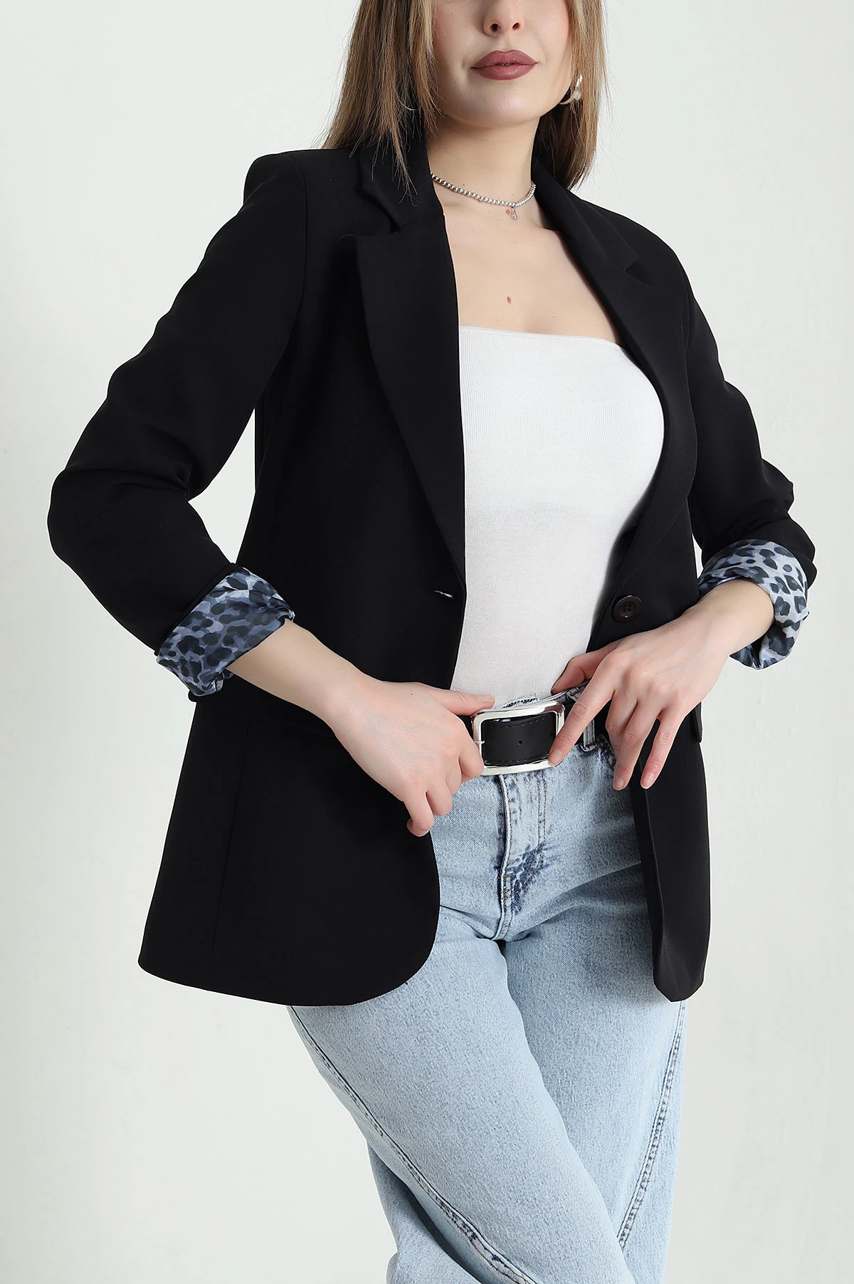 Siyah Leopar Astarlı Kadın Ceket 440962