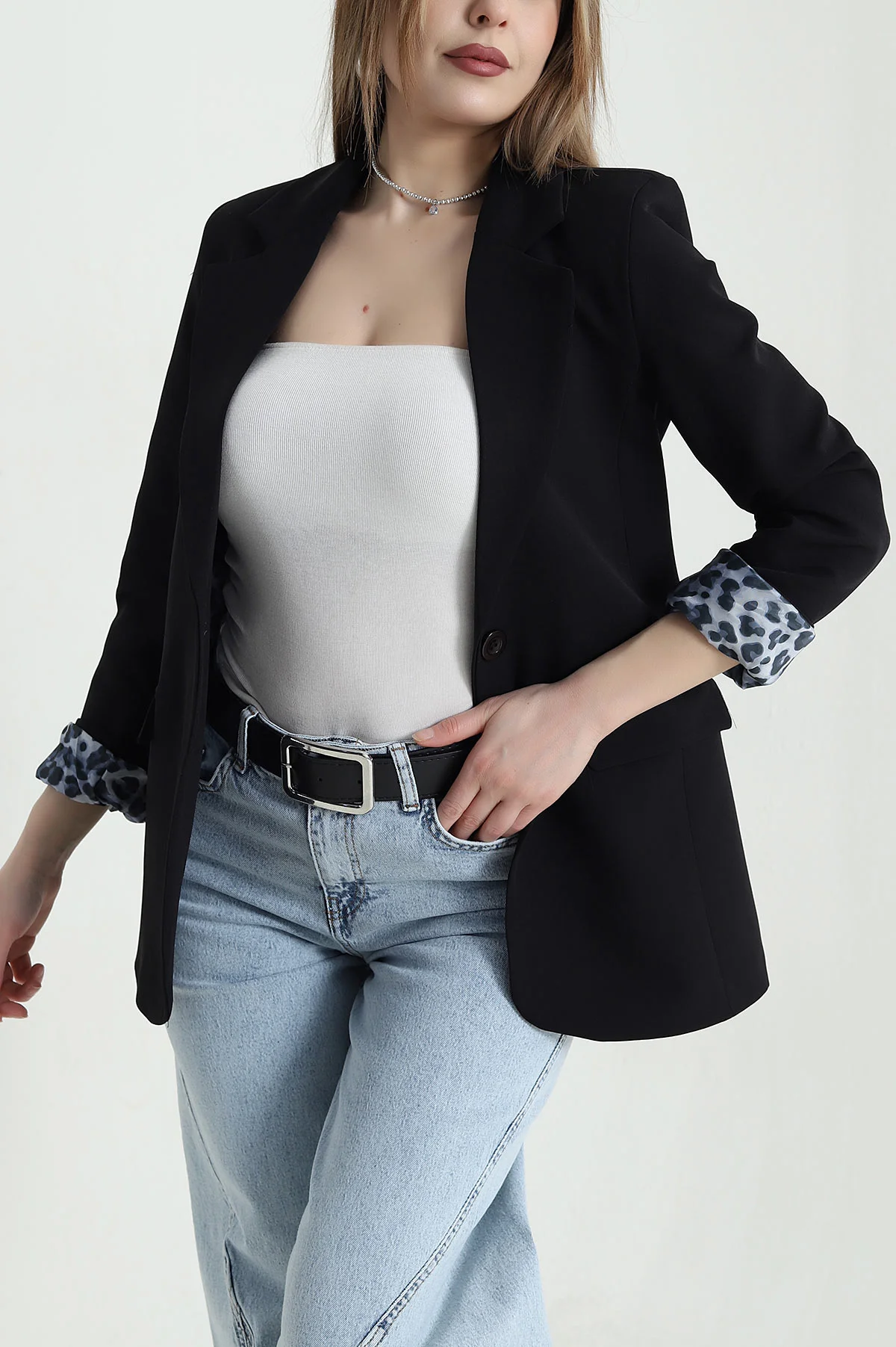 Siyah Leopar Astarlı Kadın Ceket 440962