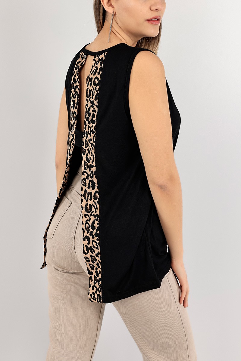 Siyah Leopar Desen Sırt Dekolte Bluz 107640