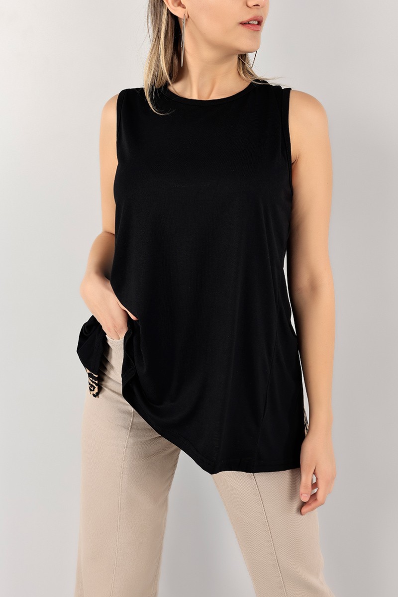 Siyah Leopar Desen Sırt Dekolte Bluz 107640