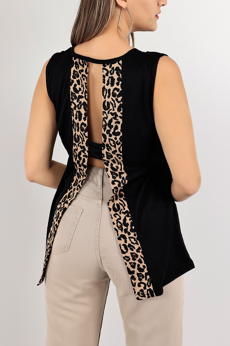 Siyah Leopar Desen Sırt Dekolte Bluz 107640
