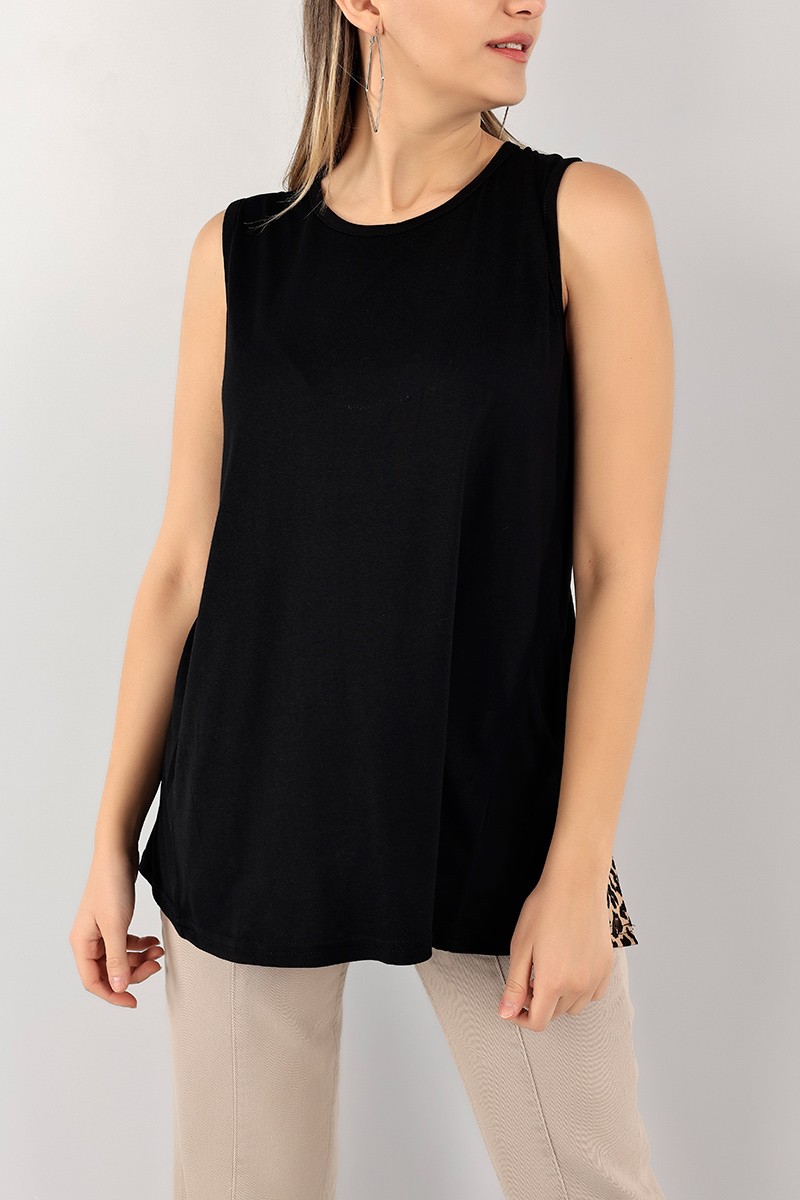 Siyah Leopar Desen Sırt Dekolte Bluz 107640