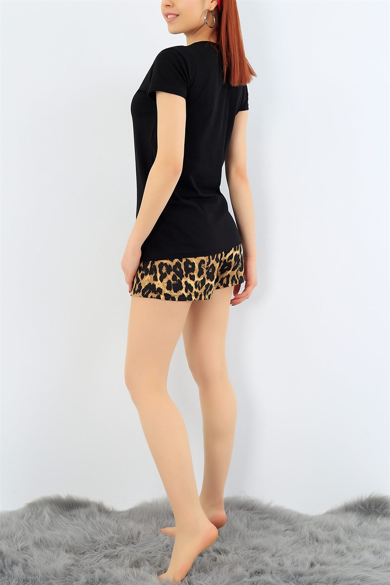 Siyah Leopar Desenli Bayan Pijama Takımı 31303