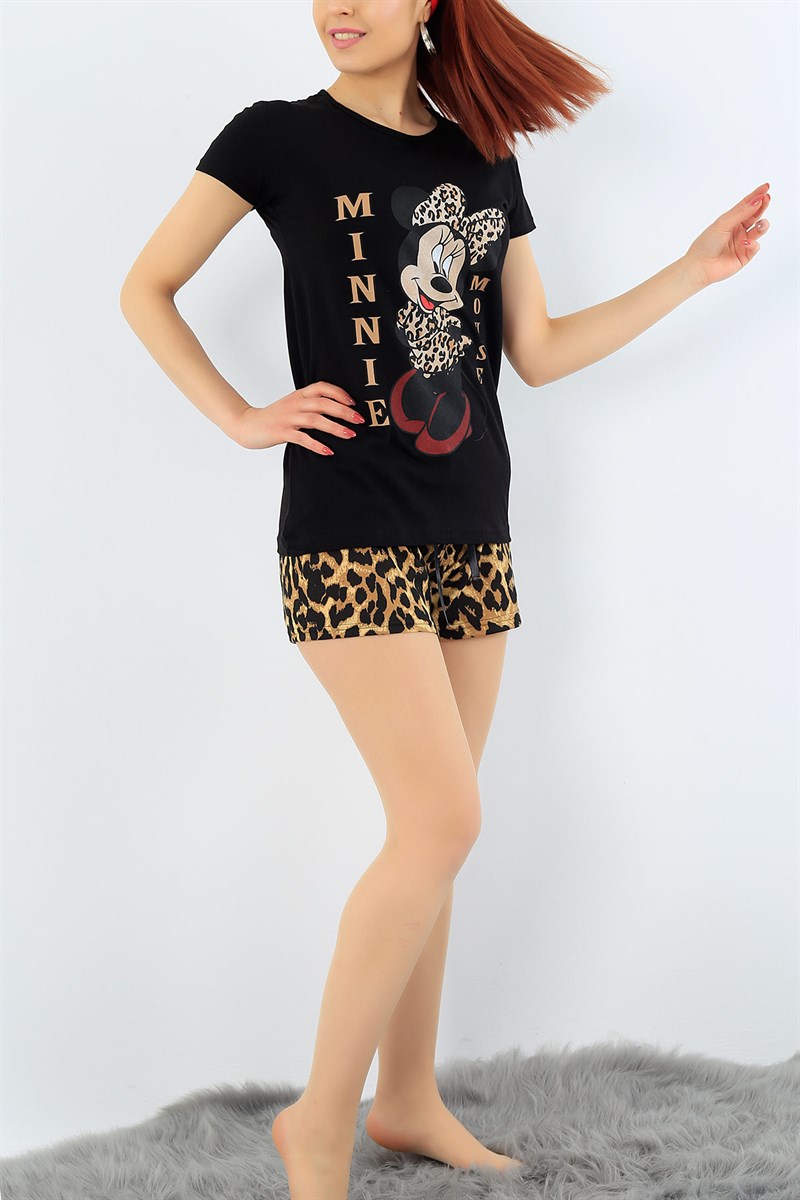 Siyah Leopar Desenli Bayan Pijama Takımı 31303