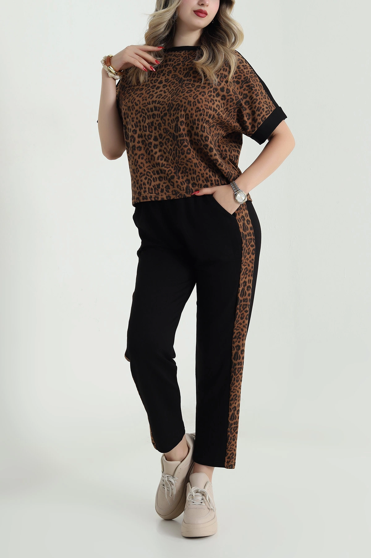 Siyah Leopar Desenli Kristal Kadın İkili Takım 482128