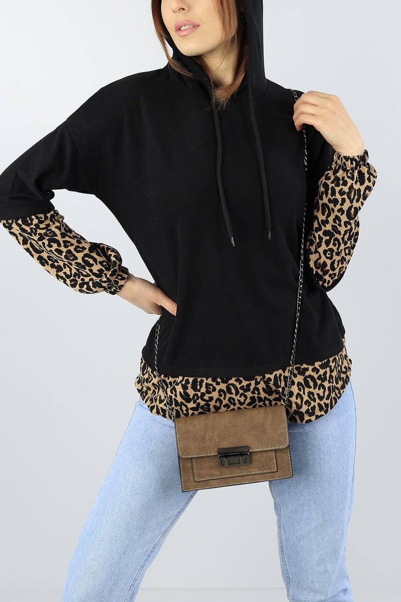 Siyah Leopar Garnili Bayan Sweat 55038