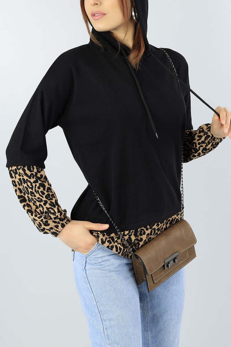 Siyah Leopar Garnili Bayan Sweat 55038