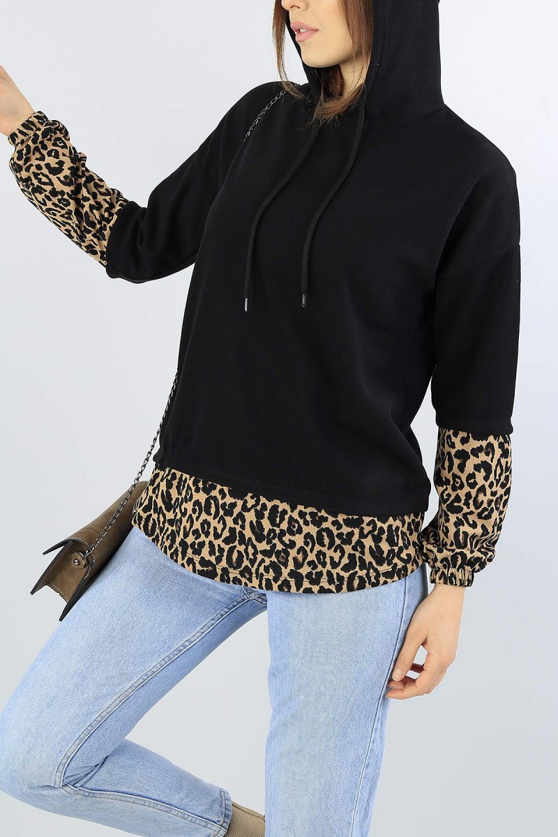 Siyah Leopar Garnili Bayan Sweat 55038