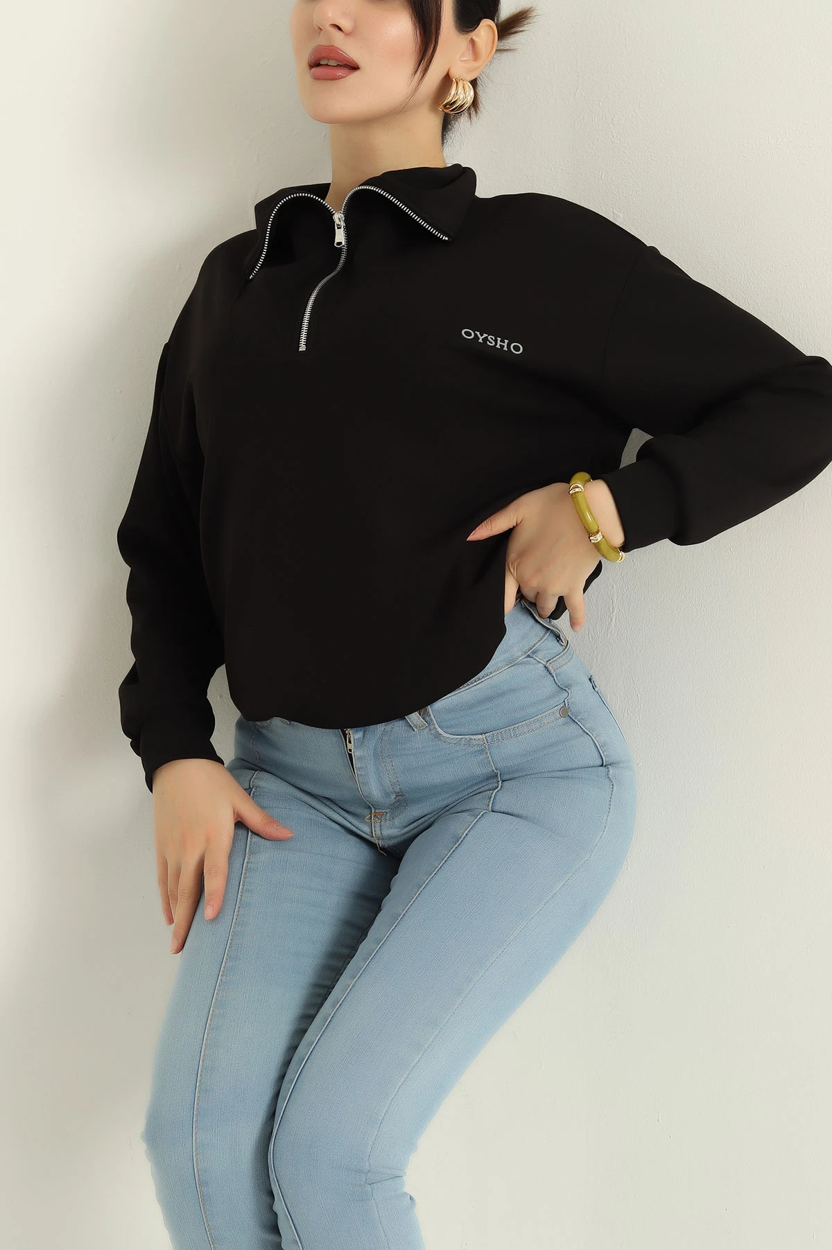 Siyah Likralı Baskılı Modal Bayan Sweat 327983