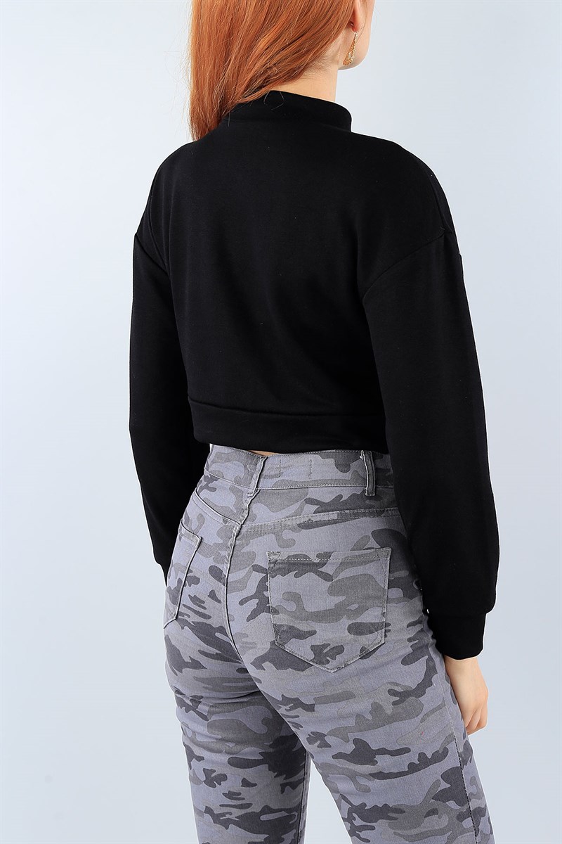 Siyah Likralı Bayan Crop Sweat 38820