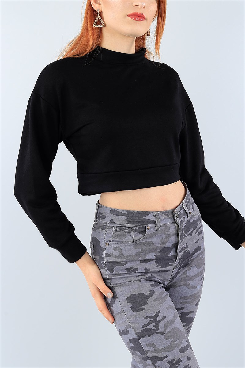 Siyah Likralı Bayan Crop Sweat 38820