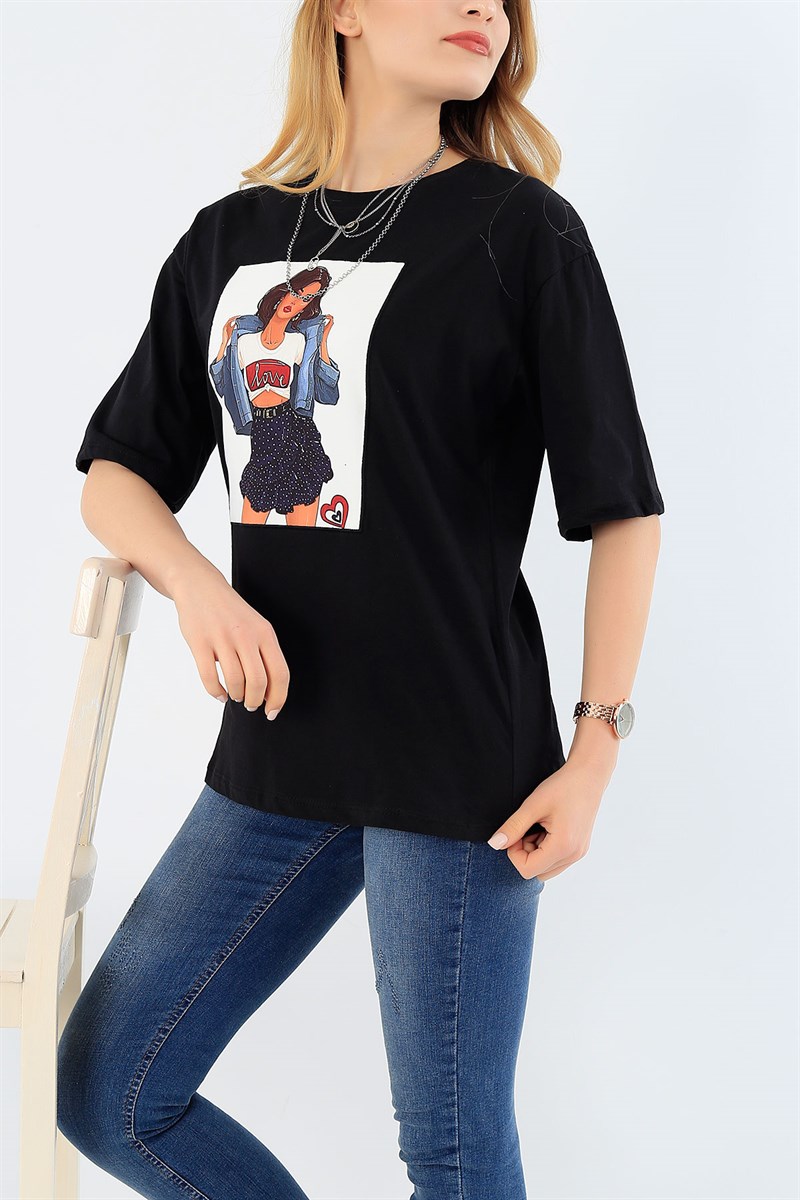 Siyah Likralı Bayan Tişört 29356B