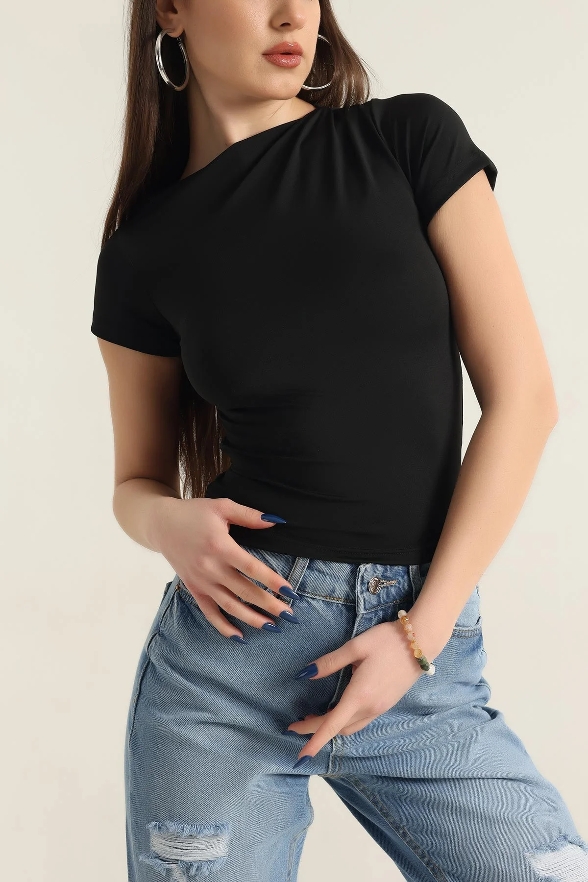 Siyah Likralı Büzgülü Sandy Bluz 337389