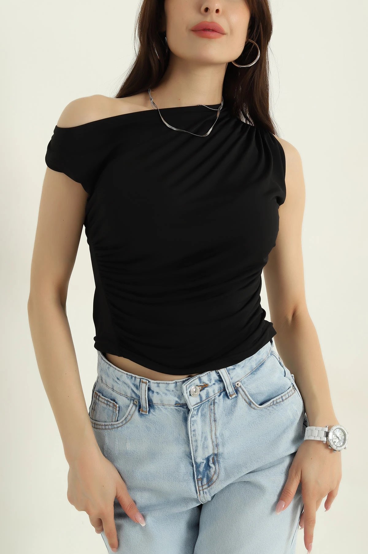Siyah Likralı Büzgülü Sandy Kadın Bluz 371035