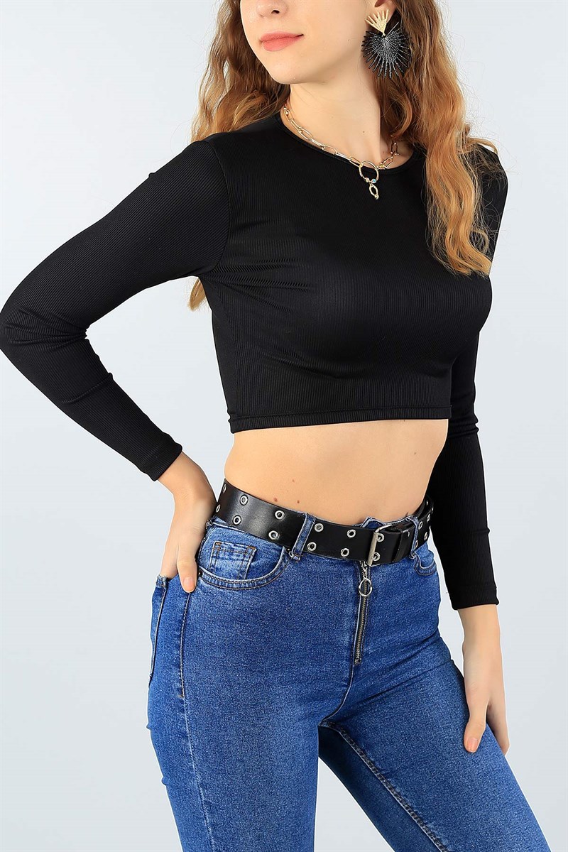 Siyah Likralı Crop Bayan Bluz 45063