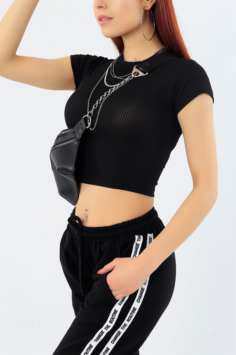 Siyah Likralı Crop Tişört 30543