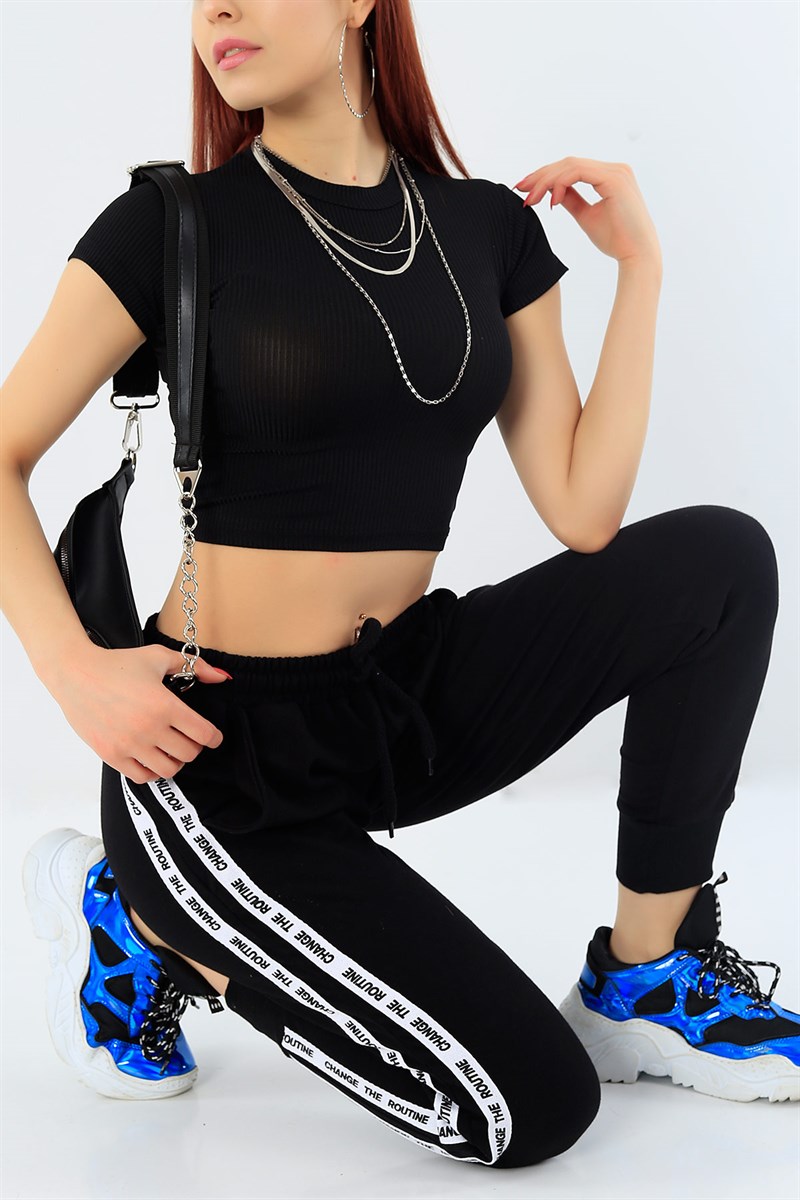 Siyah Likralı Crop Tişört 30543