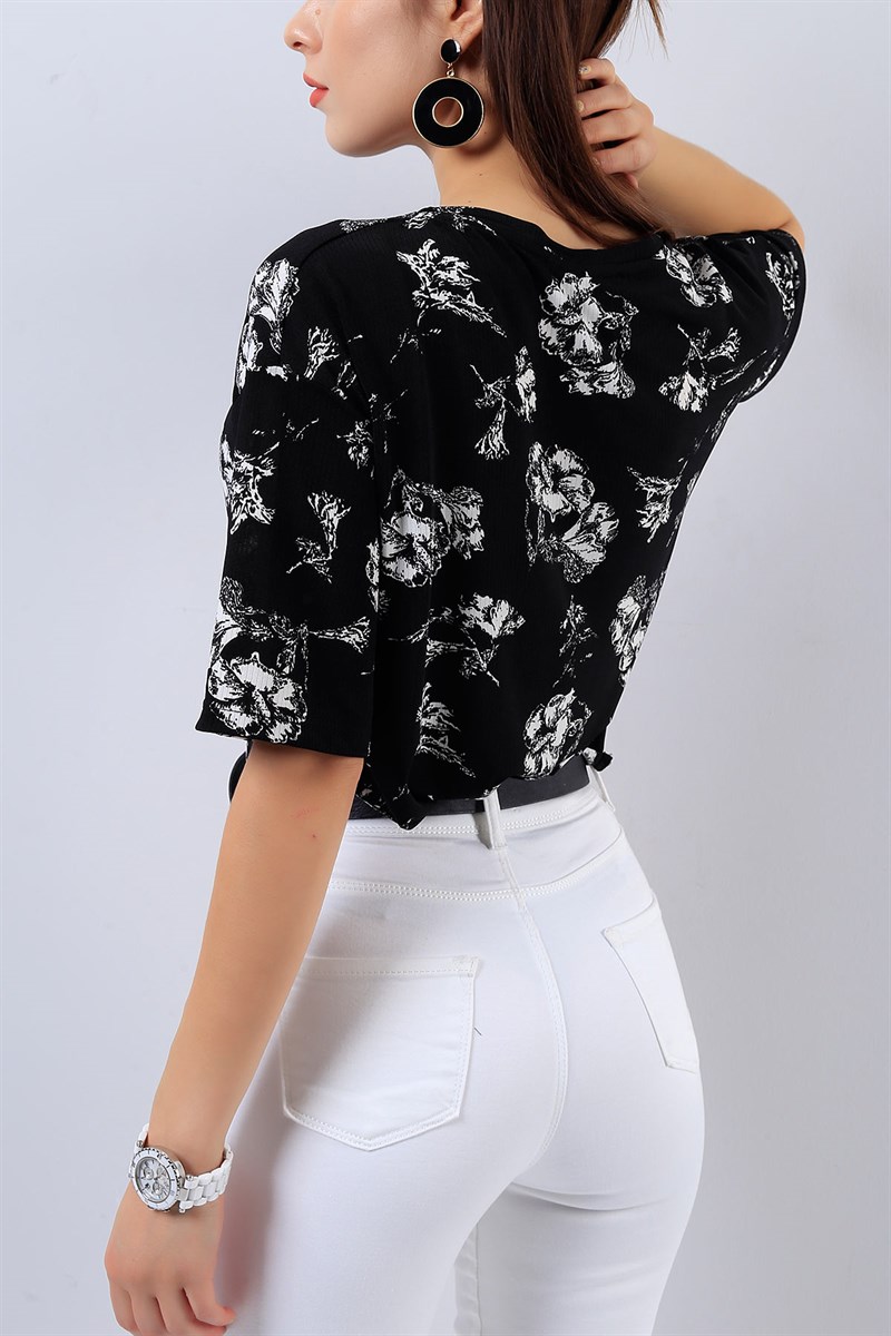 Siyah Likralı Desenli Bluz 15784B      