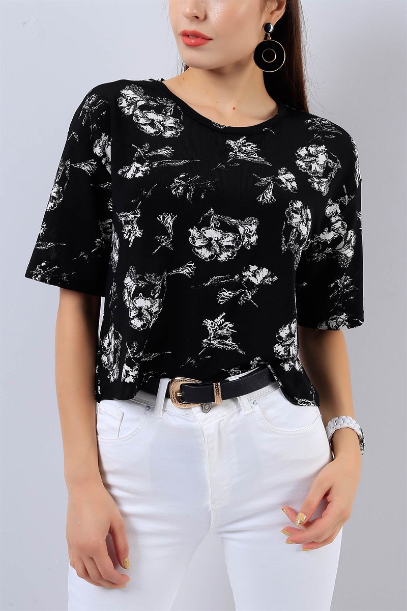 Siyah Likralı Desenli Bluz 15784B