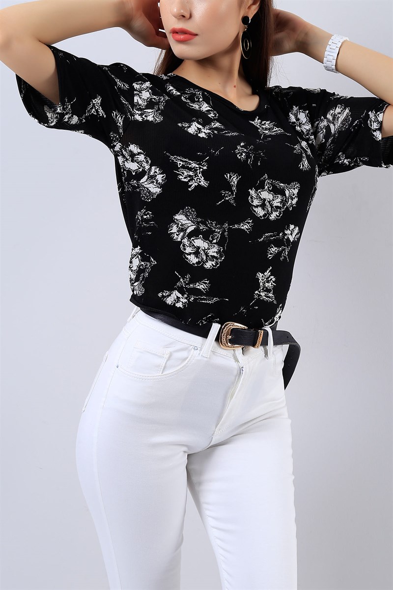 Siyah Likralı Desenli Bluz 15784B      