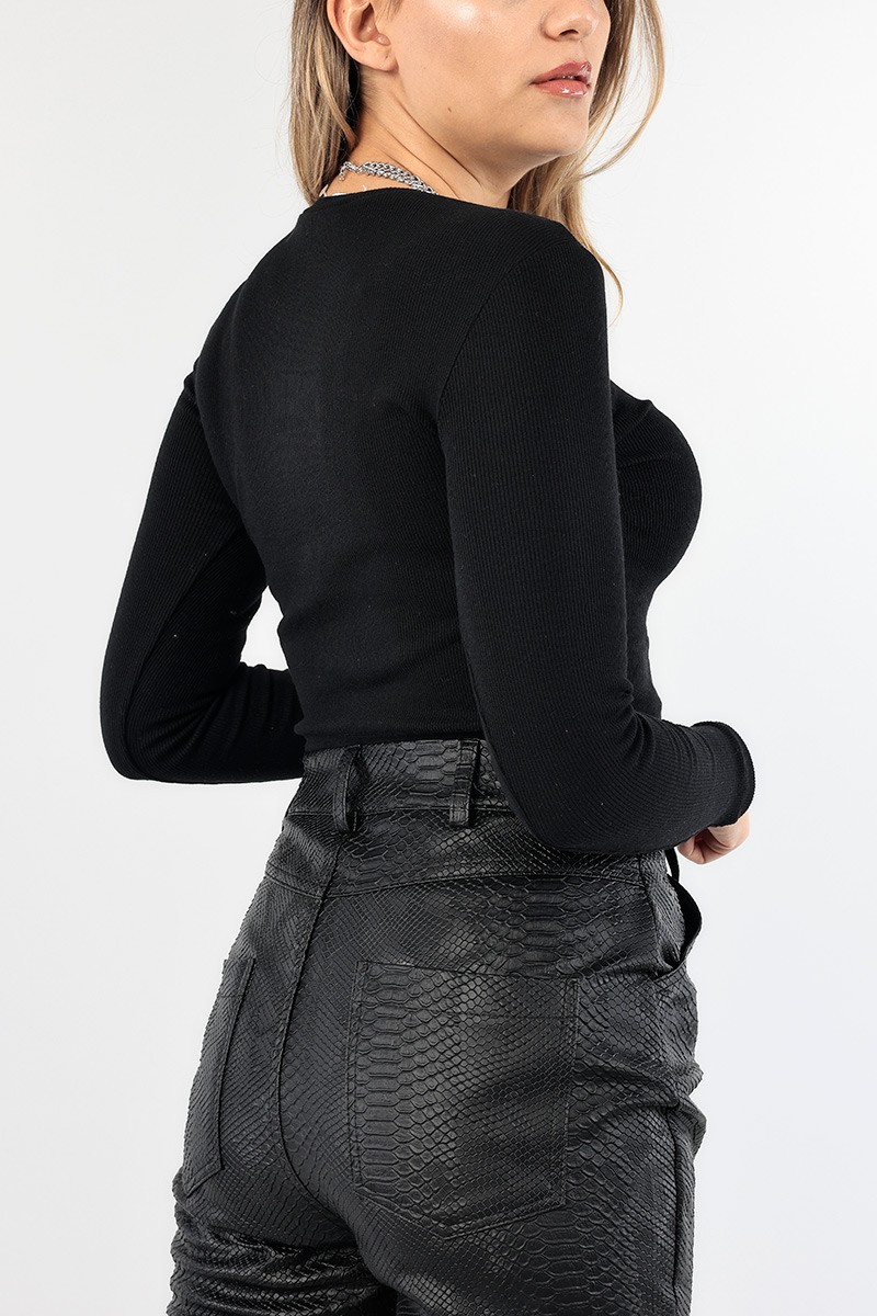 Siyah Likralı Fitilli Bluz 90381