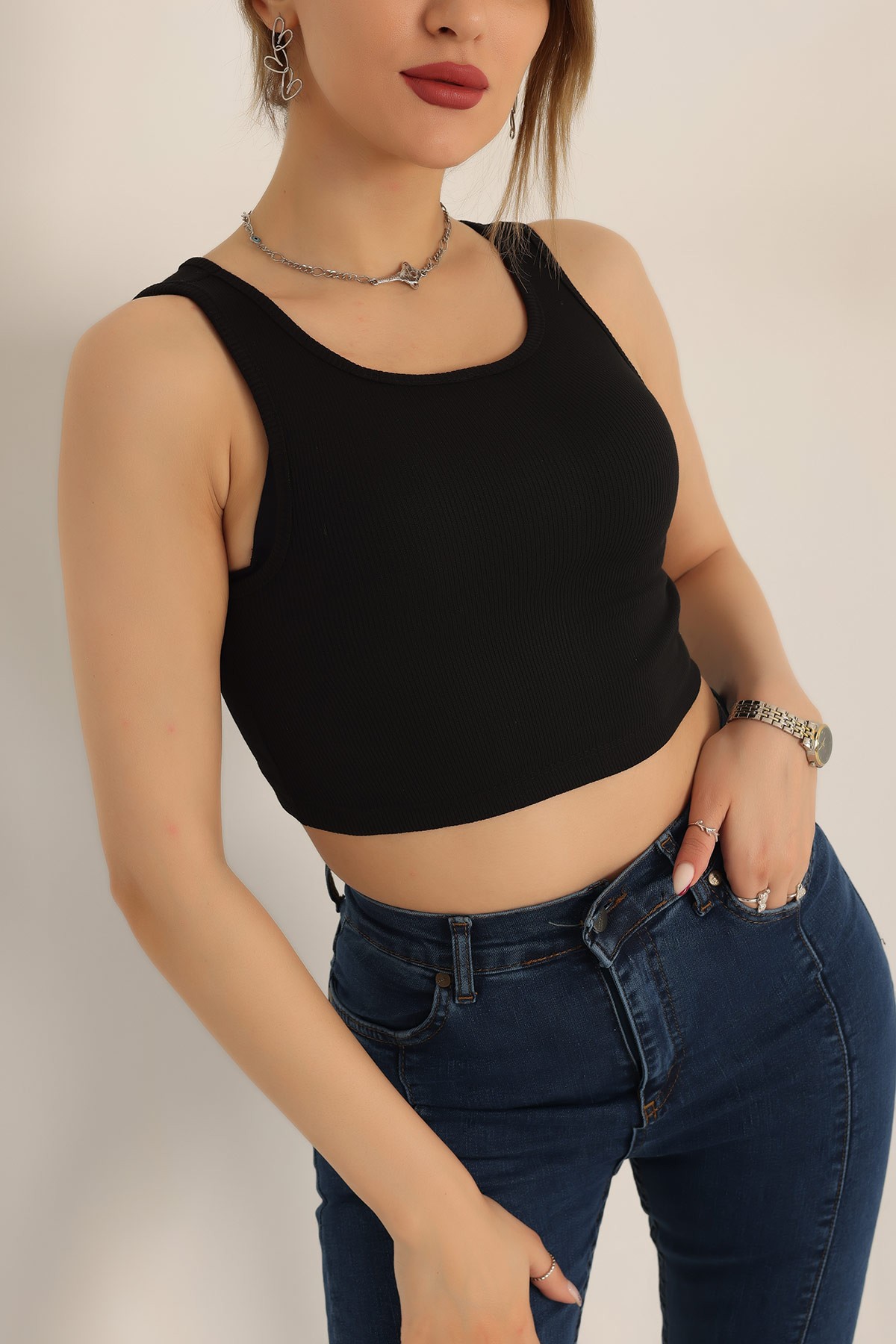 Siyah Likralı Fitilli Crop Atlet 180358