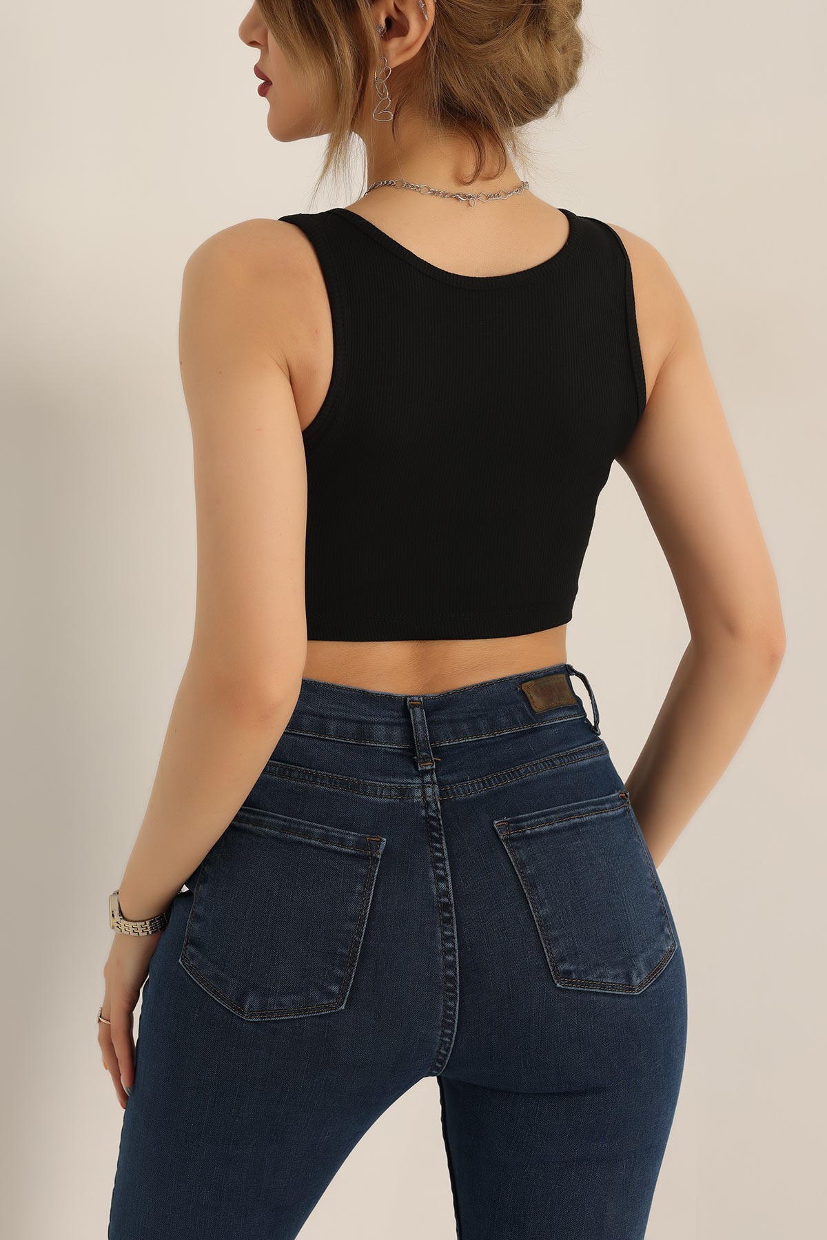 Siyah Likralı Fitilli Crop Atlet 180358
