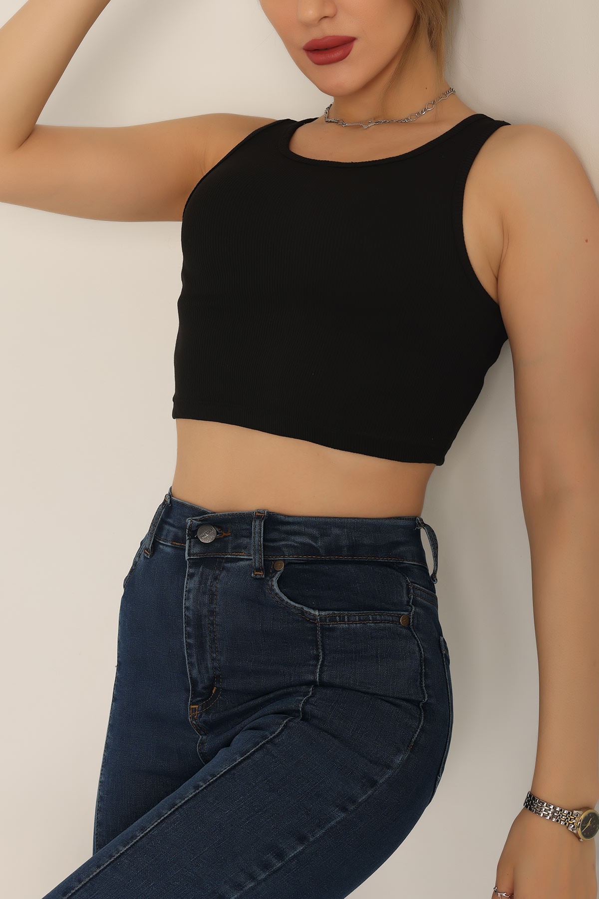 Siyah Likralı Fitilli Crop Atlet 180358