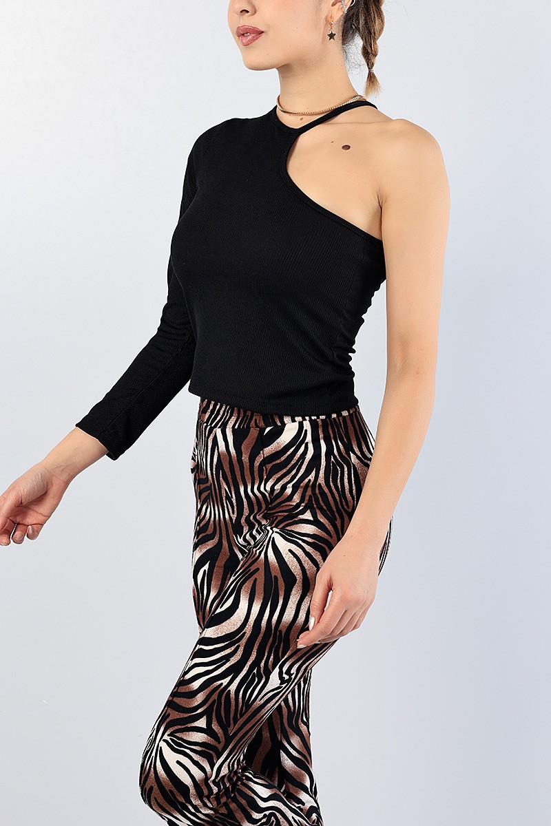 Siyah Likralı Fitilli Tek Kol Body Bluz 77327