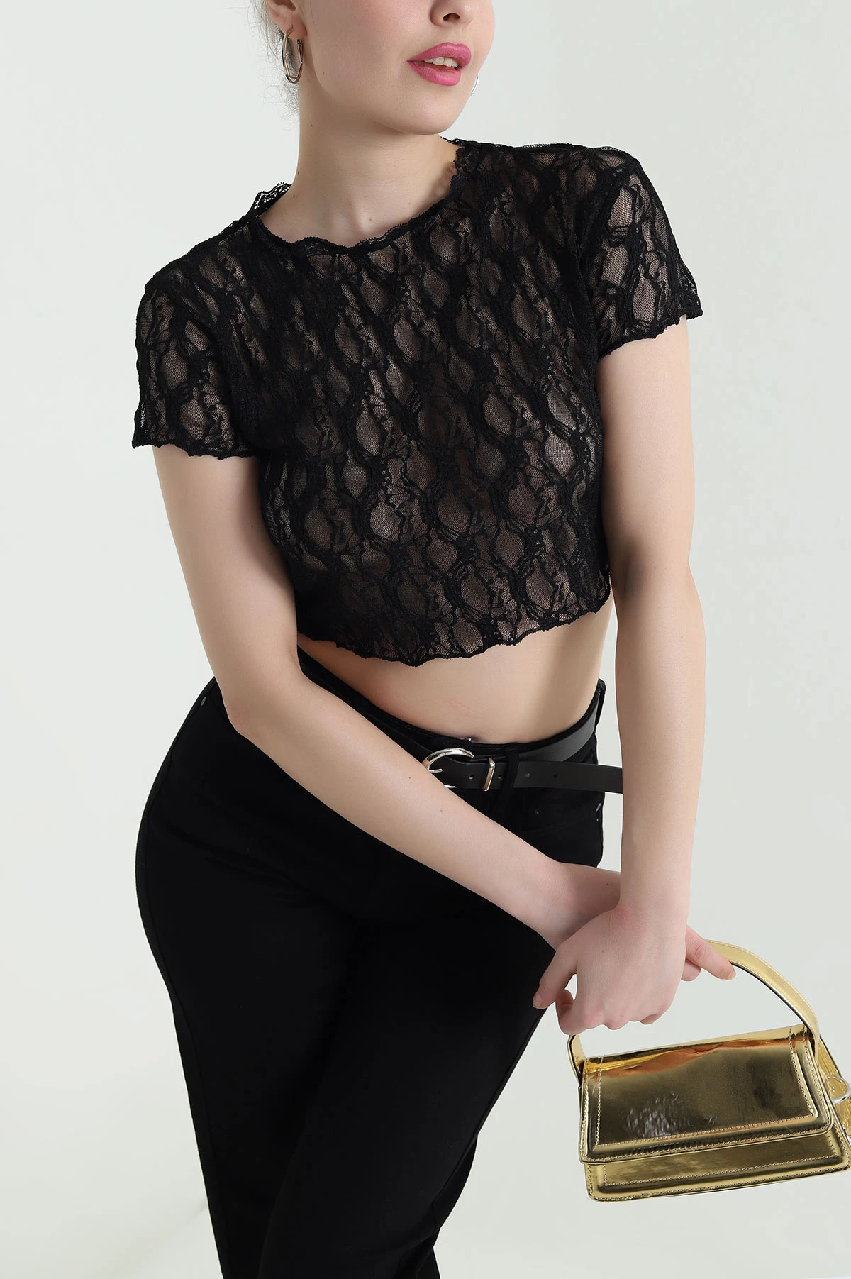 Siyah Likralı Kadın Dantel Crop 447128