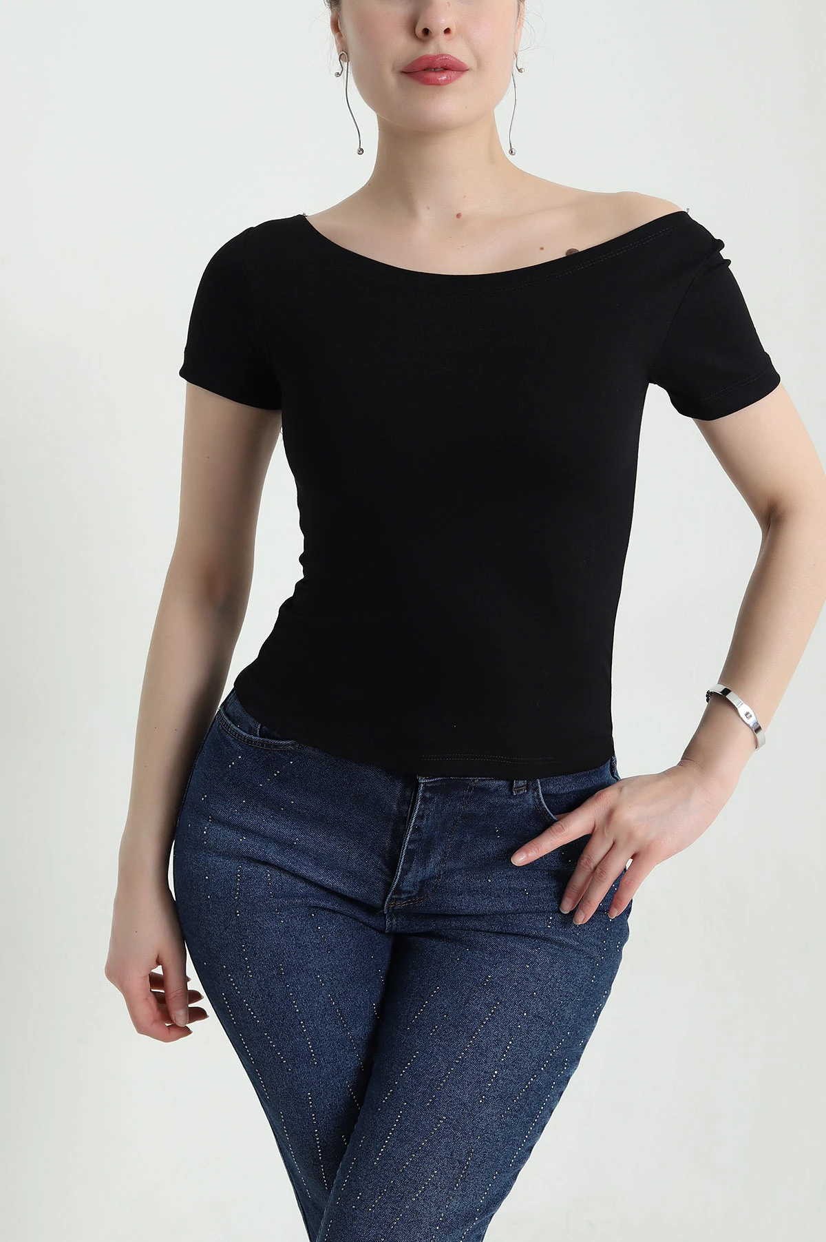Siyah Likralı Kayık Yaka Oysho Kadın Bluz 454064