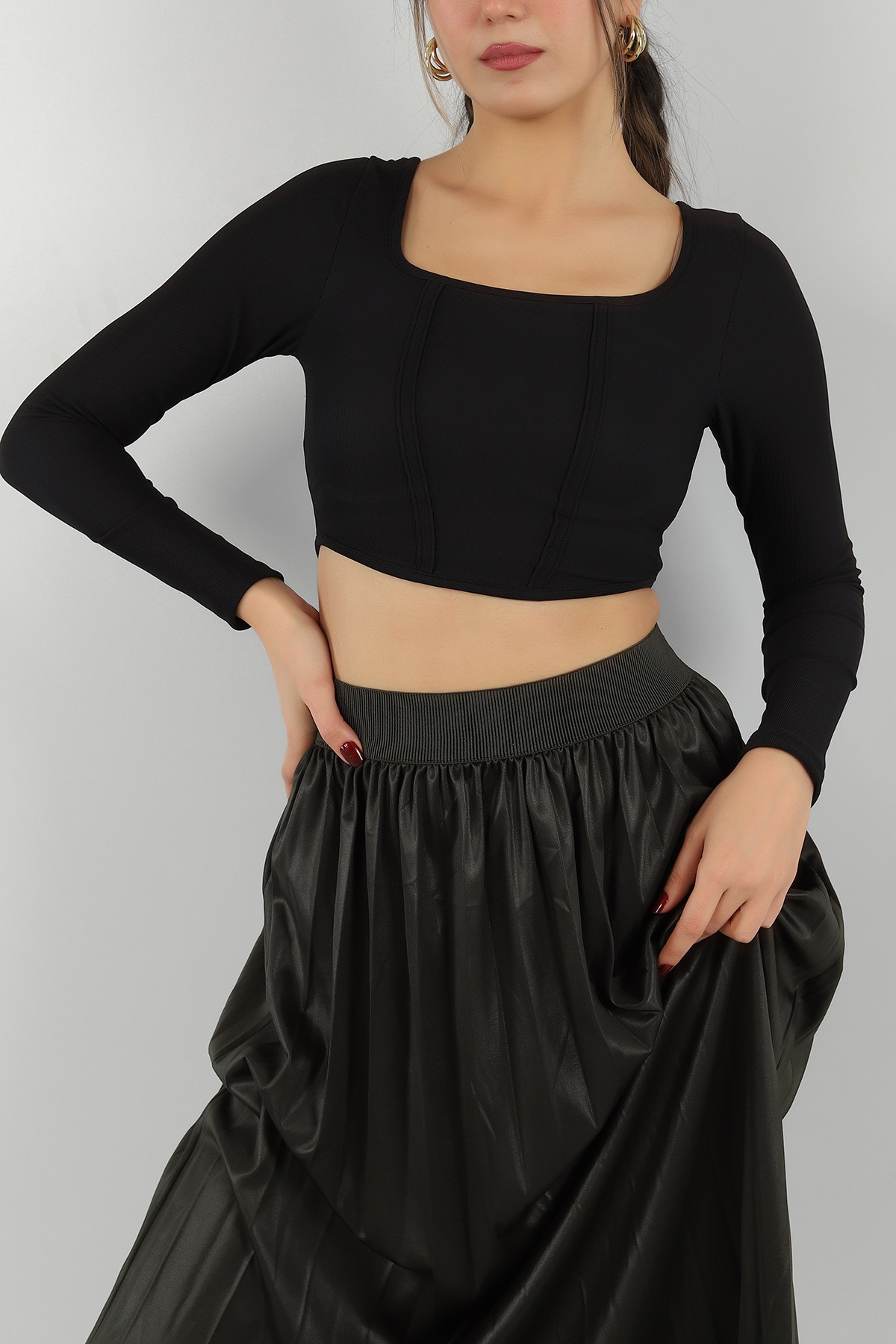Siyah Likralı Ottoman Kumaş Bluz 148389